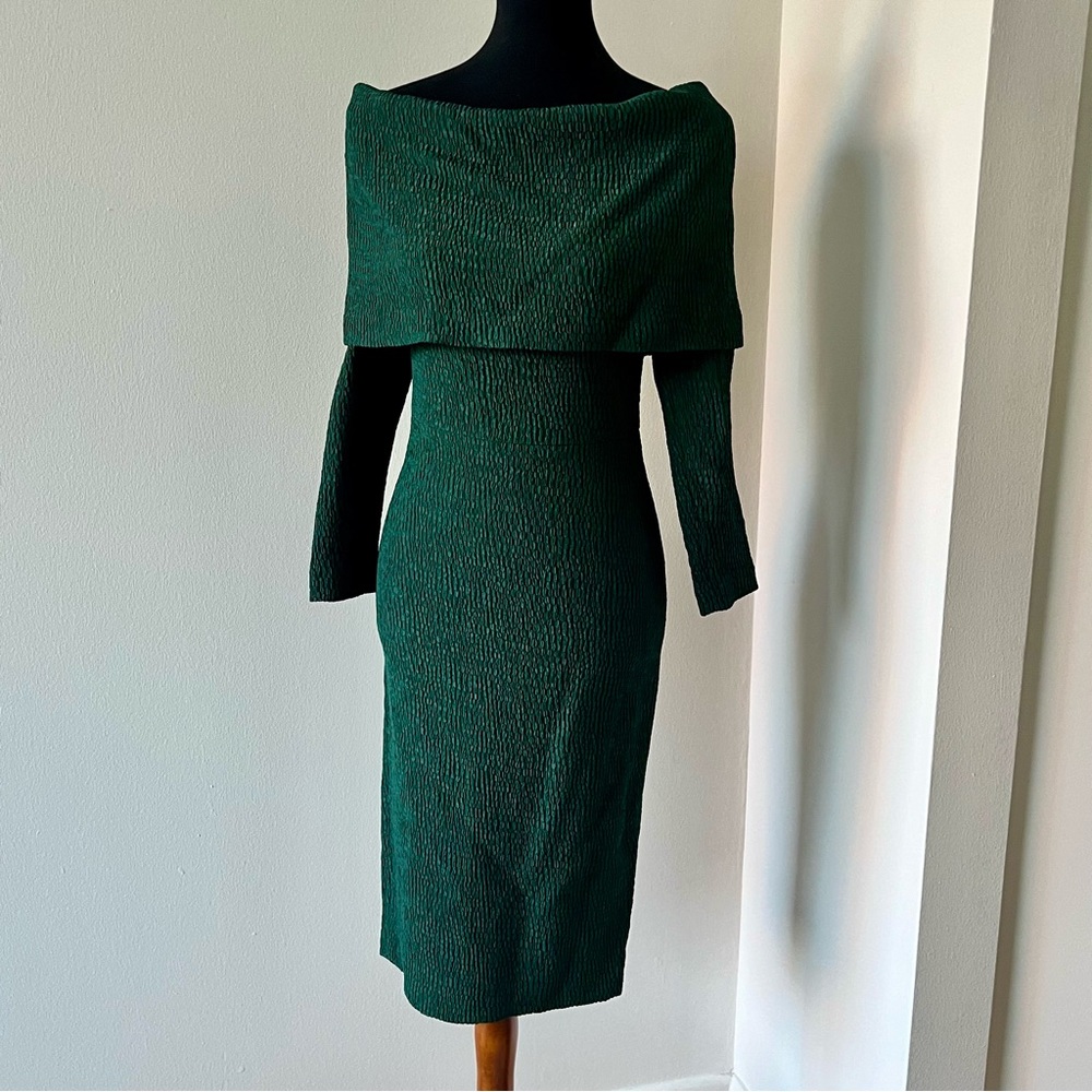 SCANLAN THEODORE Green Textured Stretch Off Shoulder Dress NEW - XS/US2/AU6